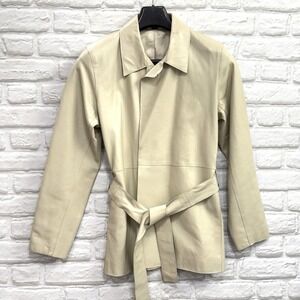 Women's Genuine Leather Ivory Cream Jacket Sz M Belted Wrap Tie Waist Y2K Trendy
